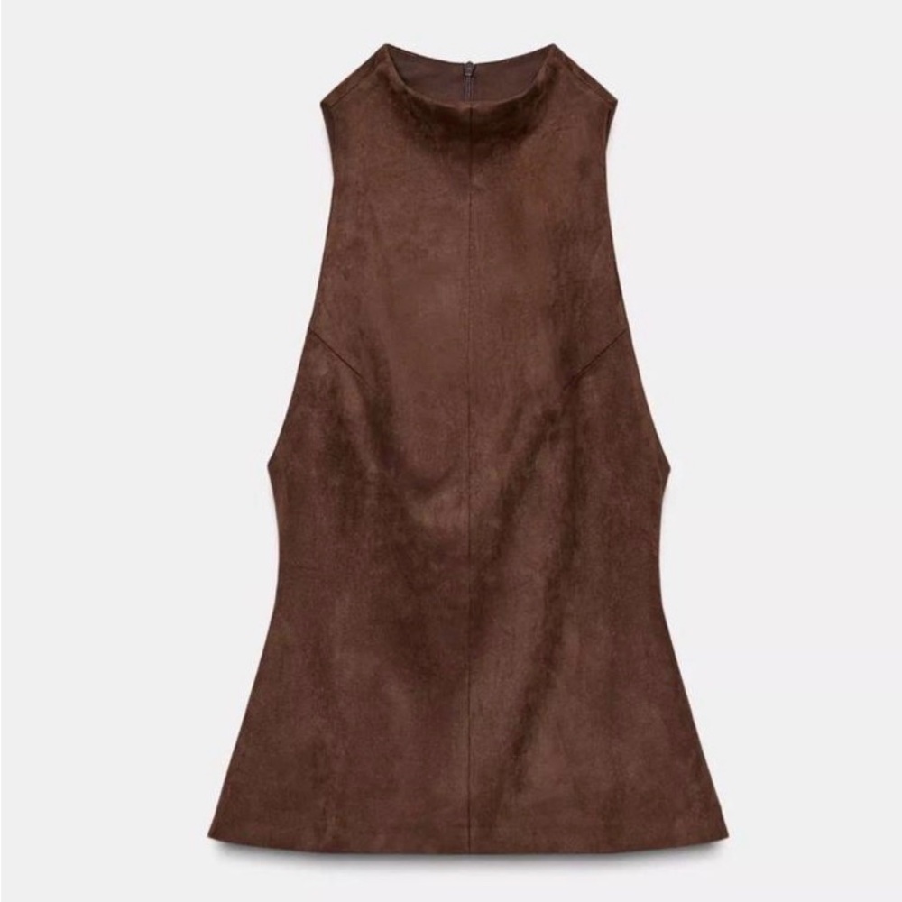 Zara Brown Sleeveless High Neck Suede Halter Top